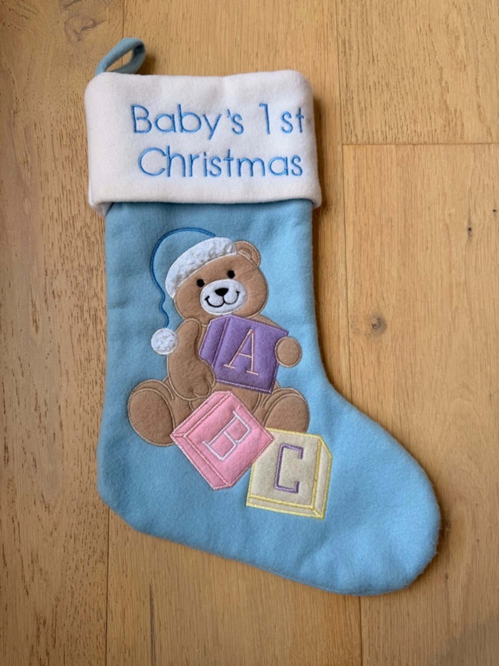 Baby's 1st Christmas Blue Teddy Stocking with ABC Blocks